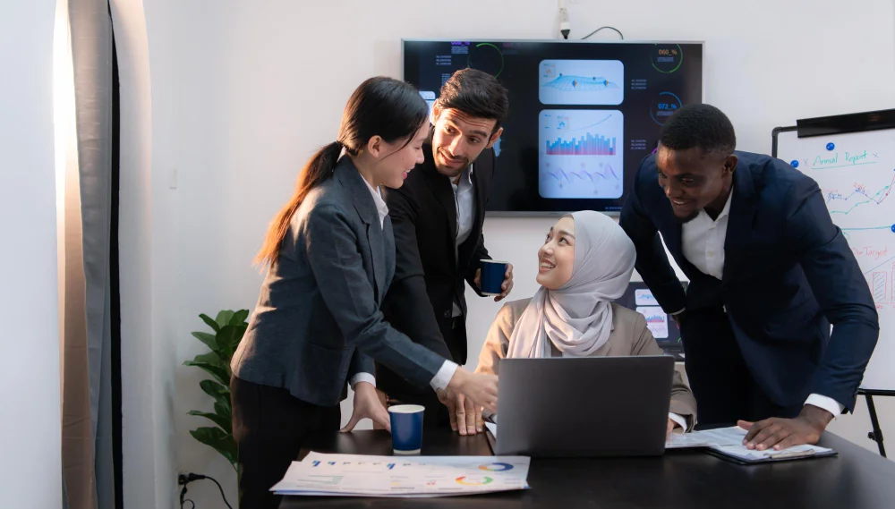 Business team reviewing market intelligence insights